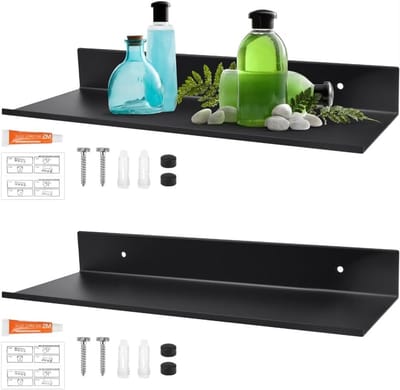 Set van 2 Drijvende Planken in Wit, 30 cm, Metalen Wandplanken voor Woonkamer, Badkamer en Keuken, Inclusief Schroeven en Lijm