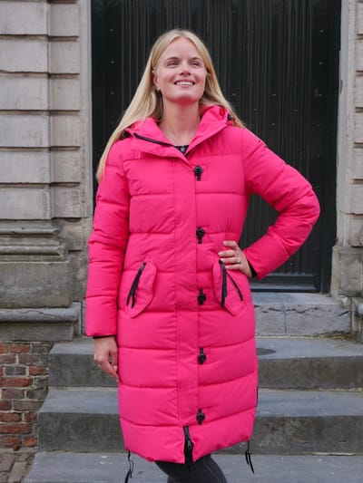 Lange dames winterjas - Gewatteerd en getailleerd - Roze - Maat 36