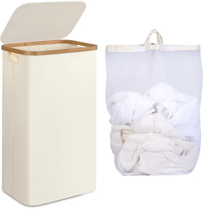 iEGrow Wasmand van 75 l met deksel, wasmanden voor wasgoed met wasbare en afneembare binnenzak, smalle wasmand voor vuile kleren, speelgoed- en handdoekenopslag (beige)