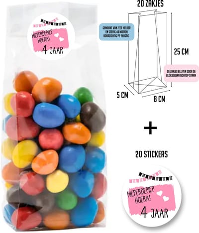 20 Uitdeelzakjes + 20 sluitstickers | Roze | 4 Jaar | 20 Stickers & 20 zakjes | Cellofaanzakjes | Transparant | Snoepzakjes | Uitdelen | Afscheid | Inpakzakjes | Kinderfeestje | 4 cm glossy stickers | 8x5x25cm zakjes