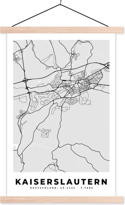 Posterhanger incl. Poster 40x60 cm - Schoolplaat - Kaiserlautern - Kaart - Stadskaart - Plattegrond - Duitsland - Textielposter - Blanke latten - Stadskaart