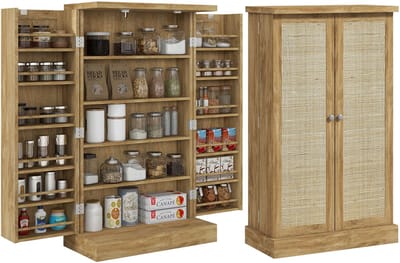 Keukenkast met dubbele deuren - natuurlijke houtnerflook - rieten dubbele deuren - bohemienstijl - voorzien van 16 verstelbare legplanken