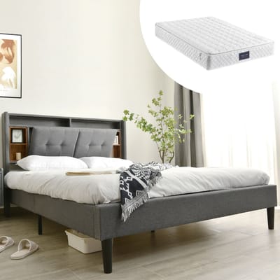 STILVORA Gestoffeerd bed 140x200 cm – Tweepersoonsbed Met Opberghoofdeinde En LED-USB Laadstation – Massief Hout – Grijs – Met Matras