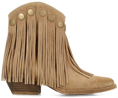 Sacha - Dames - Beige suède western enkellaarsjes met franjes - Maat 38