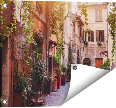 Gards Tuinposter Straatje in Rome met Groene Planten - 50x40 cm - Tuindoek - Tuindecoratie - Wanddecoratie buiten - Tuinschilderij