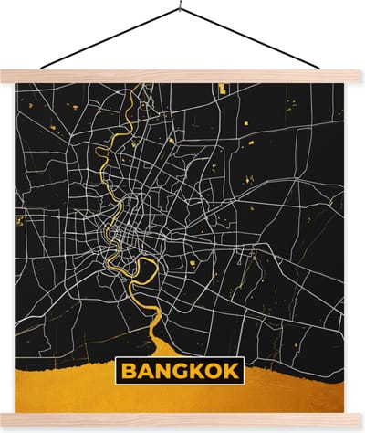 Posterhanger incl. Poster 40x40 cm - Schoolplaat - Kaart - Bangkok - Goud - Plattegrond - Stadskaart - Textielposter - Blanke latten - Stadskaart