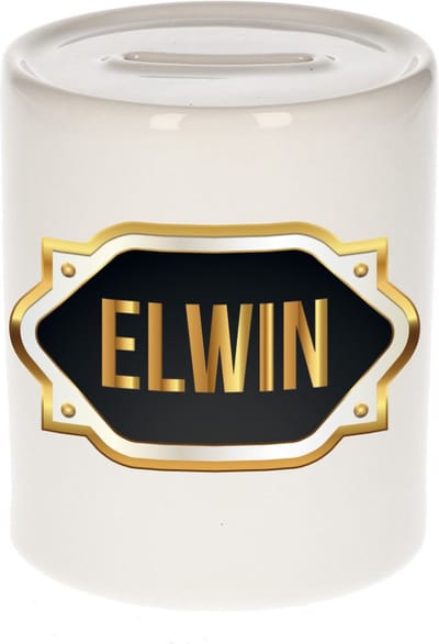 Spaarpot met voornaam Elwin - wit - met goud/zwart embleem - 8 x 9 cm - keramiek - met afsluitdop - cadeau verjaardag
