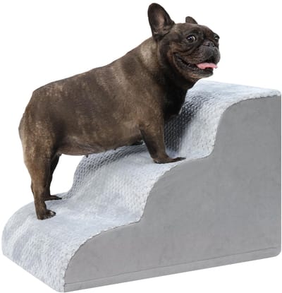 Hondentrap, 3 treden, 40 cm hoog, huisdiertrap, hondentrap voor kleine honden, kattentrap, hondenhelling met wasbare overtrek voor bed, bank, bank en auto, 40 x 57 x 40 cm, grijs