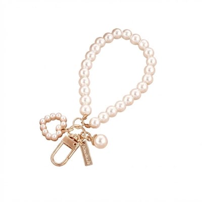 Crèmekleurige parel sleutelhanger met goudkleurige karabijnhaak en sleutelring voor dames elegant ontwerp met ronde kunstparels en decoratieve hangers stijlvolle sleutel hanger geschikt voor tassen en accessoires