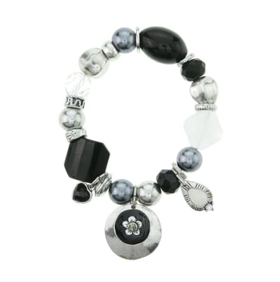Behave - Bedelarmband elastisch zwart zilverkleur bloem - avondstijl