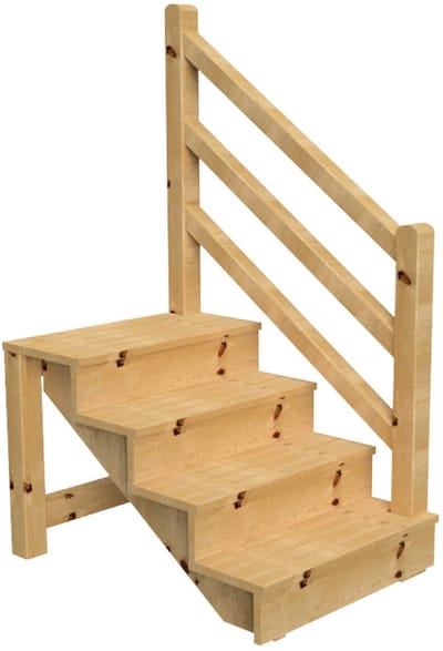 Vrijstaande buitentrap met trapleuning hout Rechts - palen ronde kop - H 4-treden 71cm B 120cm