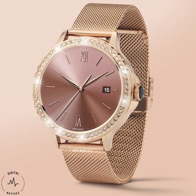 Digital Nativez dames smartwatch horloge rosegoud met echte zirkonia’s | incl. extra, makkelijk verstelbare, horlogeband | geschikt voor Iphone en Android | met o.a. NL menu| incl. luxe giftbox - kado