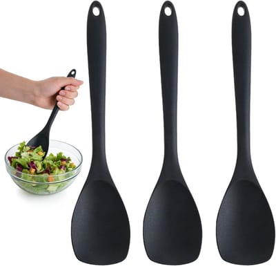 Zwarte roestvrije lepelset van 3 stuks, 27,5 cm, hittebestendig tot 210 °C, vaatwasmachinebestendig, ideaal voor anti-aanbakpannen