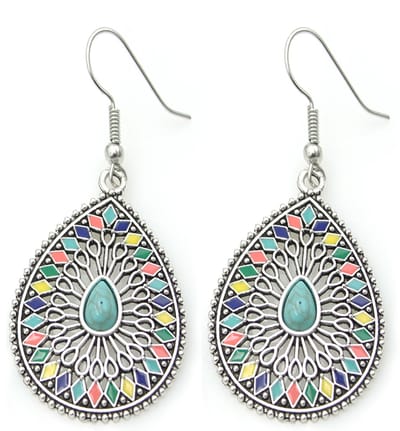 Dames oorbellen boho druppel metaal zilverkleurig multicolor turquoise steen lichtgewicht