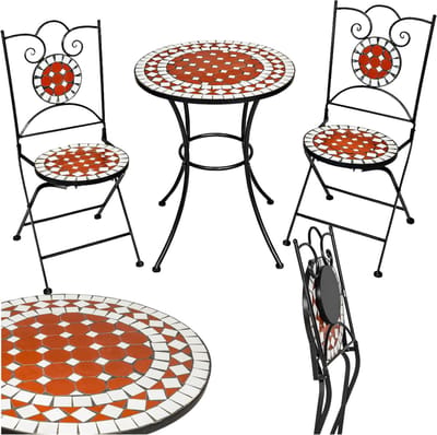 tectake® Terracotta Mozaïek Bistroset - Ronde Bijzettafel met 2 Stoelen - Balkonmeubel en Balkondecoratie - Tuinmeubelen, Terrasmeubilair - Tuintafel met Stoelen, Weerbestendig
