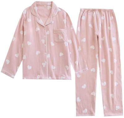 Dames Pyjama Set Lange Mouwen & Lange Broek - Roze met Hartjes - Maat S/M – Hydrofiel Katoen – Luchtig - Nachtkleding