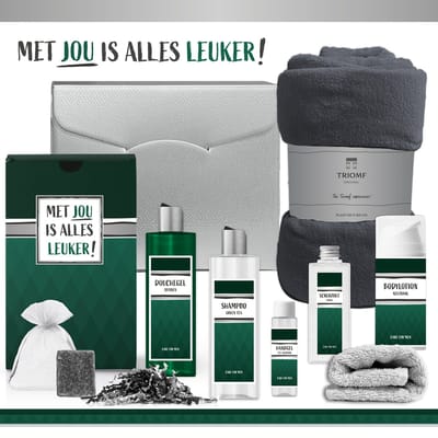 Geschenkset "Met jou is alles leuker!" - 8 Producten - 1325 Gram | Giftset voor hem - Luxe Cadeaubox man - Douchegel - Bodylotion - Scrubzout - Vaderdag - Verjaardag - Wellness Pakket Deluxe - Cadeau pakket - Vader - Broer - Vriend - Collega - Groen