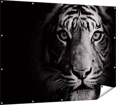 Gards Tuinposter Tijgerkop - Tijger - Zwart Wit - 160x120 cm - Tuindoek - Tuindecoratie - Wanddecoratie buiten - Tuinschilderij