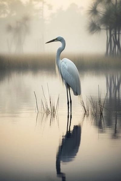 Silent Reflection – The White Heron | Luxe Wanddecoratie op Dibond | Reiger Schilderij | Hotel Chique Wandkunst