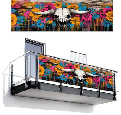 Balkonscherm 300x95 cm - Balkonposter Schedel - Bloemen - Graffiti - Balkon scherm decoratie - Balkonschermen - Balkondoek zonnescherm
