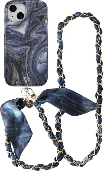 AVY Hoesje Met Telefoonkoord | Geschikt voor Apple iPhone 15 | Compatibel met MagSafe & Qi2 | Hard Shell Back Cover | Stijlvol Bijpassend Koord Crossbody (120CM) | Obscura Blue