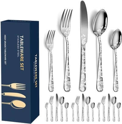 Bestekset van roestvrij staal voor 4 personen, 20 stuks, gepolijst patroon met bloemenspiegel, inclusief mes, vork, theelepel voor keuken, restaurant, feest (zilver)