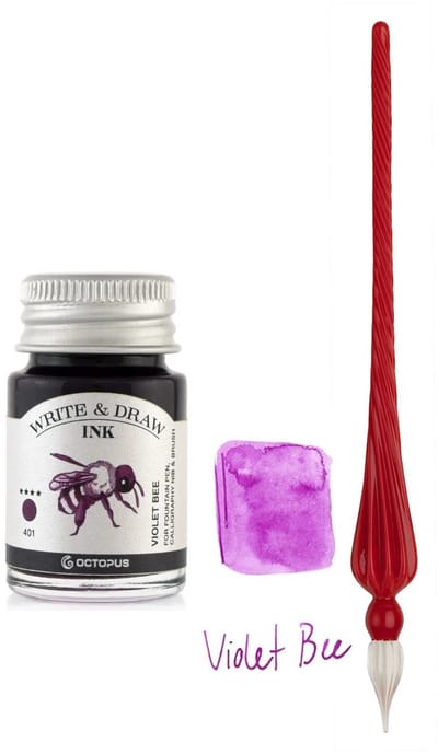 Glazen dip pen set in doosje - Rood - Potje Octopus inkt violet bee