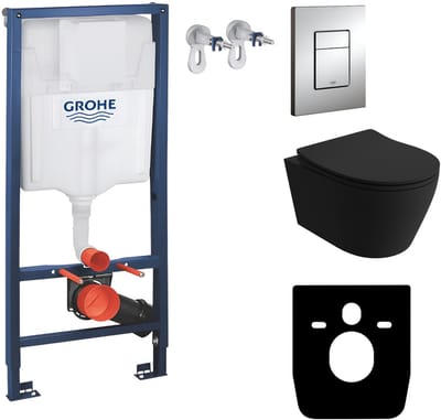 Inbouwreservoir Complete Toiletset Grohe Solido 39069000 - Inbouw WC Hangtoilet Wandcloset Praia Black - Bedieningsplaat EVEN 4in1 Chroom - Voorwandelement - Installatiesysteem