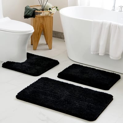 SnelShoppen - Antislip Badmat 80 x 150 cm - Hoogpolig Waterabsorberend Zwart - Douchemat voor Keuken en Badkamer - Wollig en Wasbaar