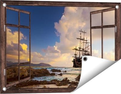 Gards Tuinposter Doorkijk Piratenschip aan de Kust bij Zonsondergang - 60x40 cm - Tuindoek - Tuindecoratie - Wanddecoratie buiten - Tuinschilderij