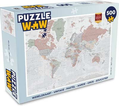 Puzzel Wereldkaart - Vintage - Pastel - Aarde - Grijs - Educatief - Legpuzzel - Puzzel 500 stukjes