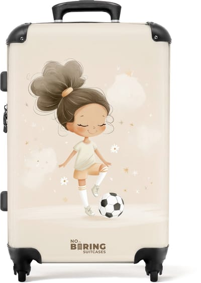 NoBoringSuitcases.com® - Kinderkoffer meisje - Kindertrolley meisjes - Meisje met een voetbal in beige kleuren - Koffer kind groot - Rolkoffer lichtgewicht - Reiskoffer met 4 wielen - Grote trolley XL - 20 kg bagage