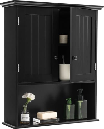 COSTWAY Hangkast, medicijnkast, wandkast met dubbele deur, badkamerkast, keukenkast, onderkast met verstelbare plank, kast voor badkamer, keuken, entree (zwart)