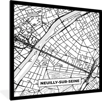 Fotolijst incl. Poster Zwart Wit- Stadskaart - Neuilly-sur-Seine - Plattegrond - Kaart - Frankrijk - Zwart wit - 40x40 cm - Posterlijst