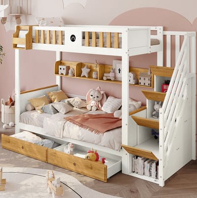 [315421234WAA] Stapelbed met ruime opbergruimte, frame van grenen en MDF, kinderbed, 4 opbergkastjes met veiligheidsrails en 2 lades bij de trap, open planken, wit + naturel houtkleur, 90x200 cm