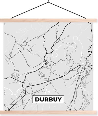 Posterhanger incl. Poster 40x40 cm - Schoolplaat - Stadskaart – Zwart Wit - Kaart – Durbuy – België – Plattegrond - Textielposter - Blanke latten - Stadskaart