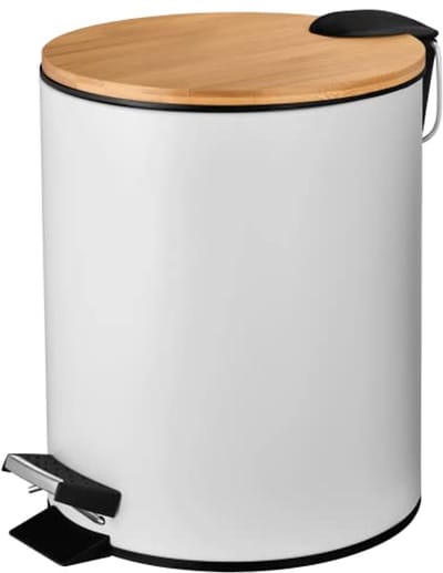 Stylische witte 5L cosmetica-afvalemmer met softclose | Elegante badkameremmer met bamboe deksel