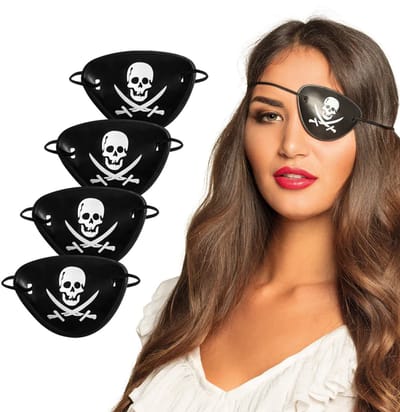 Boland Piraten ooglapjes - zwart - 8x stuks - met elastiekje - kunststof - kinderen en volwassenen - Jolly Roger logo