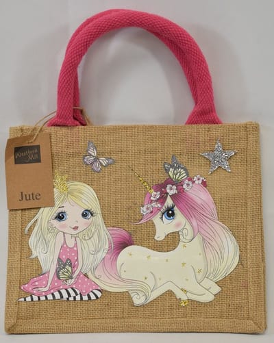ZoeZo Design - mini shopper - mini tas - tas - jute - katoen - met print - ZoeZo Design - mini shopper - mini tas - tas - jute - katoen - met print - prinses - unicorn - Br 26 cm - H 22 - diep 14 cm - roze handvat