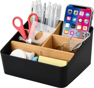 Bureau-organizer van bamboe met 5 verstelbare compartimenten, ideaal voor pennen, kantoorbenodigdheden en make-up accessoires