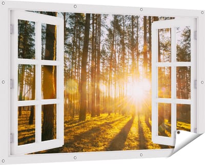 Gards Tuinposter Doorkijk Zonsopkomst in het Bos tussen de Bomen - 150x100 cm - Tuindoek - Tuindecoratie - Wanddecoratie buiten - Tuinschilderij
