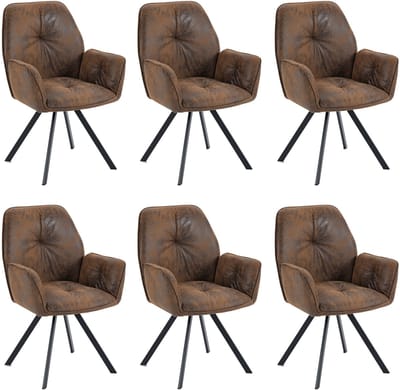 Meubles Cosy Set van 6 comfortabele eetkamerstoelen - met armleuningen Suède microvezel Vintage stijl - Bruin