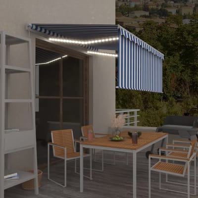 vidaXL - Luifel - handmatig - uittrekbaar - rolgordijn - LED - 3x2,5 - m - blauw - wit