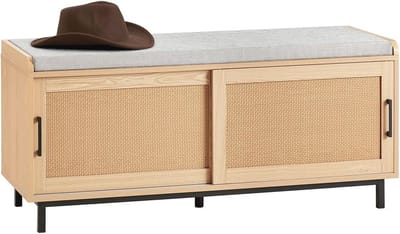 Schoenenbank met Gewatteerd Kussen en Opbergruimte - Opbergbank met Rotan Fronten, 110x40x49 cm