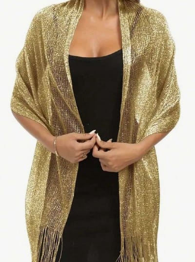 Metallic Goud Gouden - Chique Kerst stola met gesp - cape – omslagdoek franjes – sjaal met prachtige glans - goud - feest - bruiloft - bruidsmoeder - avondjurk - gala - feestjurk - strand - paleo - DH collection
