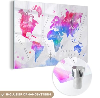 ® Glasschilderij 120x80 cm - Schilderij acrylglas - Kleuren - Wereldkaart - Olieverf - Foto op glas - Muurdecoratie woonkamer - Wanddecoratie slaapkamer - Schilderijen