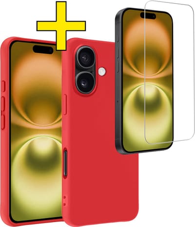 Hoesje - Met Screenprotector - Geschikt voor Apple iPhone 16 - Sterk & Shockproof - Back Cover - Siliconen Case - Telefoon Hoes - Telefoonhoesjes - Rood