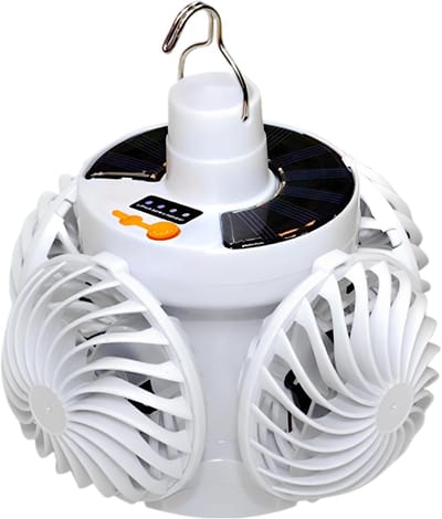ZVD Plafondventilator – Op zonne-energie werkende ventilator met verlichting – Tentventilator met 4 bladen – Met LED-verlichting – Oplaadbaar via USB – Inclusief afstandsbediening – Ideaal voor kamperen, wandelen en verkoeling buitenshuis