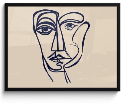 Poster in lijst - Fotolijst 80x60 cm - Posters - Minimalistisch - Lijnillustratie - Beige - Donkerblauw - Posterlijst zwart - Decoratie - Wanddecoratie woonkamer - Muurdecoratie slaapkamer
