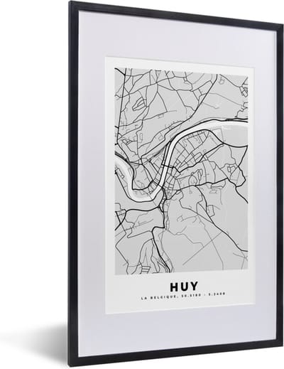 Fotolijst incl. Poster Zwart Wit- Plattegrond – Huy – Zwart Wit – Stadskaart - Kaart - 40x60 cm - Posterlijst